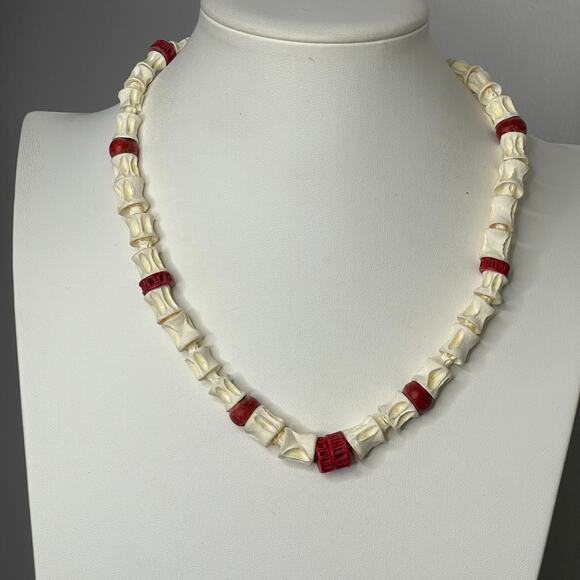 beaded necklace costume jewelry cream and red beads faux carved tribal natural - Picture 3 of 9
